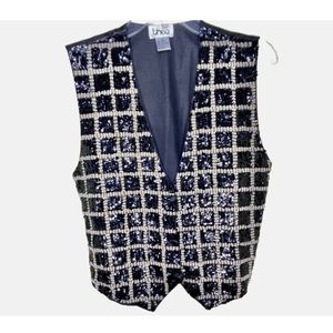 Vintage 80s Women's Vest Black Sequins and Pearls Satin Back  Sz M